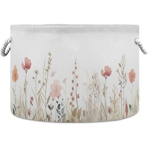 Herbal Wildflower Cotton Rope Basket Large Round Baby Laundry Basket Toy Blanket Books Storage Bin for Bedroom Bathroom Nursery Home Decor, 20 x 14 Inch, g334522499p501c536s1064