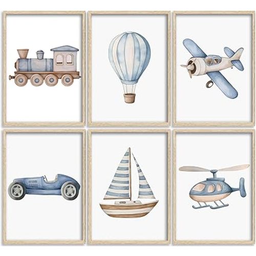 Vintage Baby Boy Nursery Wall Art Blue Transportation Car Airplane Painting Picture Wall Decor Toddler Vehicle Train Boat and Hot Air Balloon Poster Print Artwork for Kids Boys Room Bedroom Decorate