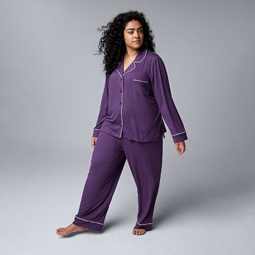 Plus Size Simply Vera Vera Wang Long Sleeve Pajama Top & Pajama Bottoms Sleep Set
