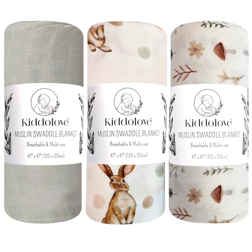 Kiddolove Muslin Swaddle Blankets for Newborn – 3 Pack Large 47"x47" Receiving Blankets – Soft, Breathable & Gentle – Unisex Forest Theme