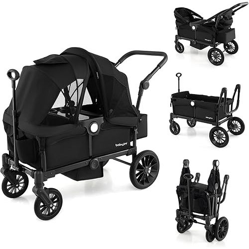 BABY JOY Wagon Stroller for 2 Kids, Collapsible Push Pull Double Stroller Wagon with Adjustable Handle Bar, Removable Canopy, Safety Harness, Cup Holder, Snack Tray & Storage Bag (Black)