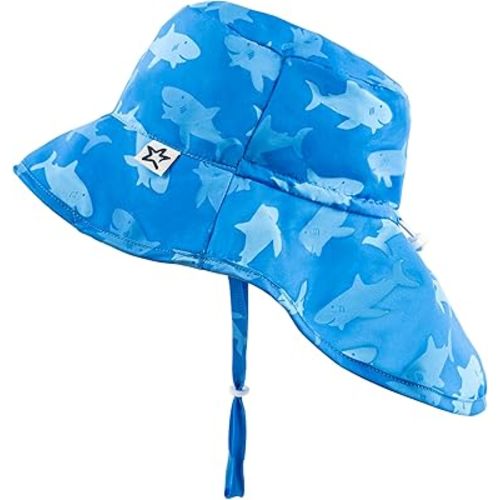 Tiny Twinkle Sun Protection Baby Flap Hat with UPF 50+ Sun Protection for Baby and Toddler Boys and Girls(Happy Sharks,9-18 Months)