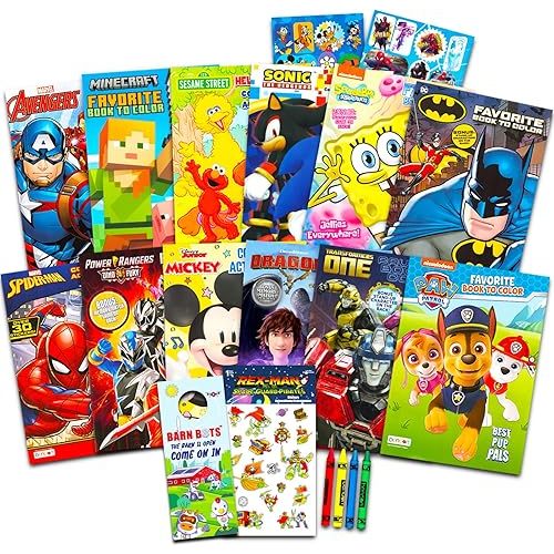12 Bulk Superhero Coloring Books for Boys Ages 4-8 - Assorted 12 Coloring Books Featuring Sonic, Batman, Avengers, Power Rangers | Bundle with Coloring Utensils, Stickers, More (No Duplicates)