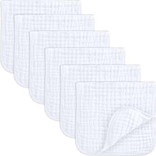 Comfy Cubs Muslin Burp Cloths 20" x 10", Pack of 6 - Large, 6-Layer, Ultra Absorbent 100% Cotton for Baby Spit-Up, Drool, and Messes - Soft, Safe & Gentle Baby Burp Cloths Set for Boys & Girls - White