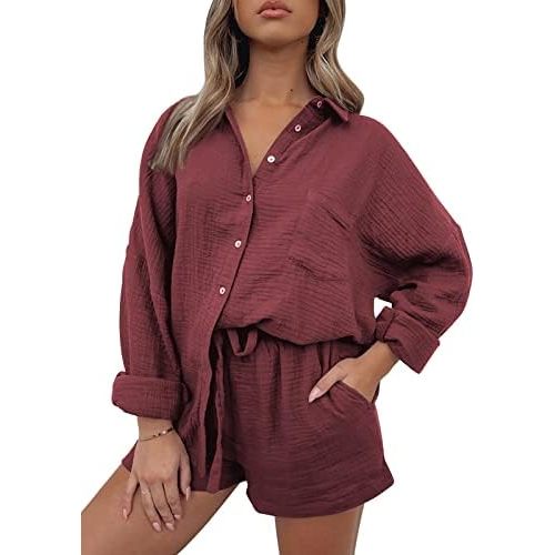 AUTOMET 2 Piece Sets For Women Lounge Wear Matching Two Piece Pajama Fashion Oversized Shirts And Shorts Spring Outfit 2025