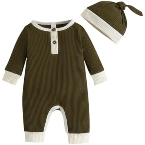 Newborn Baby Boy Girl Romper Toddler Solid Ribbed One-piece Jumpsuit Clothes Hat Infant Coverall Jumper Outfit Set