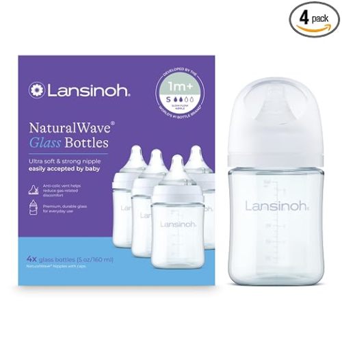 Lansinoh Glass Baby Bottles, Anti-Colic, White, 5oz, 4 Count, with Slow Flow Nipples (Size S, 1-3 Months), Baby Feeding Essentials