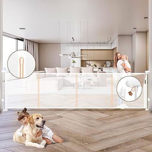200.1" Retractable Baby Gate Extra Wide, 35.1" Tall Retractable Dog Gate for Stairs, Doorways, Decks, Mesh Gate Long Child Gate Pet Gate for Indoor, Outdoor, with Reinforced Mesh Rods, Dual Locks