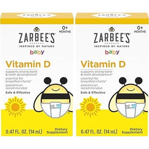 Zarbee's Vitamin D Drops for Infants, 400IU (10mcg) Baby & Toddler Liquid Supplement, Newborn & Up, Dropper Syringe Included, 0.47 Fl Oz (Pack of 2)