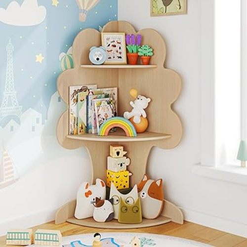Tree Kids Bookshelf, Corner Bookshelf Kids, Bookshelf for Kids, Baby Bookshelf and Toy Storage, Wooden Kids Bookcase, Toddler Book Shelf Organizer for Kids Rooms, Nursery, Natural Wood