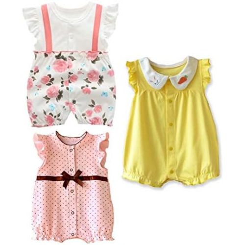 OLLULL Baby Girls' One-Piece Rompers, Infant Cotton Summer Clothes, Pack of 3