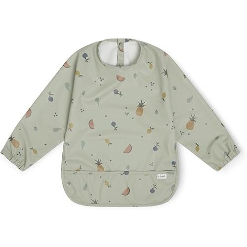 Lalo Smock Bib - Long Sleeve Baby Bib, Elastic Cuffs for Comfort, Large Catch-All Pocket, Waterproof Recycled Polyester - Durable Baby Smock Bib for Mealtime - Ages 6-24 Mo. - Fruit Print Sage