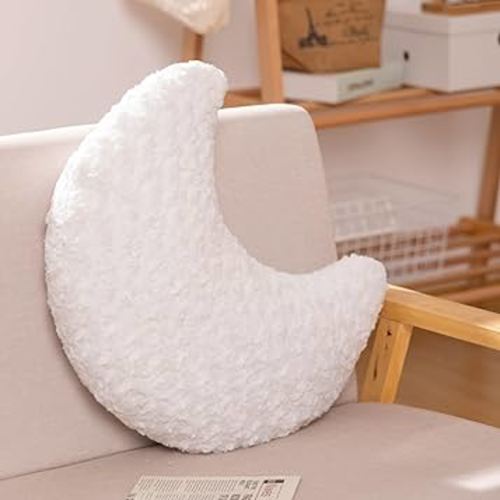 Moon Pillow, Moon Shaped Pillow with Soft Faux Fur for Couch Bed Sofa, Cute half moon pillows with Room Decor for Bedroom Living Room (19 Inches, White)