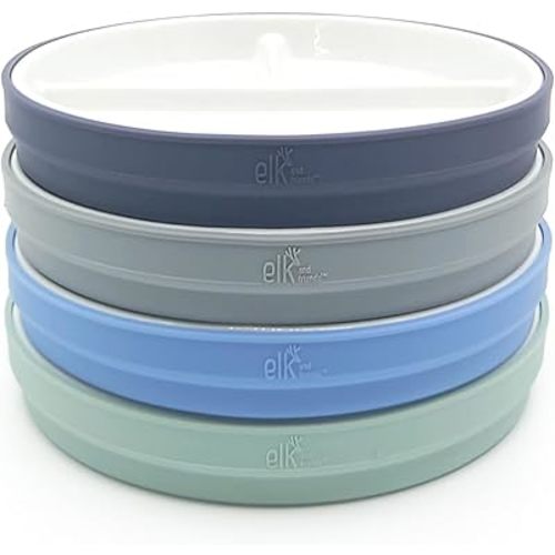Elk and Friends Kids 6.7” Porcelain Divided Plates with Silicone Sleeves | Suitable for Babies/Kids/Toddlers | Microwave & Dishwasher Safe | Non Slip | Snack Dishes