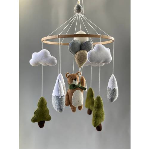 Woodland mobile nursery, bear baby mobile, felt nursery mobile with clouds and mountains, cot mobile, baby shower first gift
