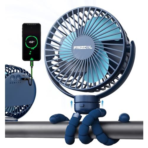 FRIZCOL 12000mAh Portable Stroller Fan, Use As Power Bank, 65H Battery Operated Fan Flexible Tripod Clip On Fans, Detachable Personal Handheld Baby Fans for Stroller, Car seat, Desk, Treadmill (Blue)