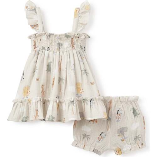 Seaside Safari Organic Muslin Smocked Sundress & Bloomer Set, Tan - Elegant Baby | Maisonette