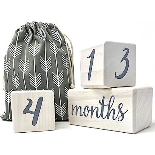 Pondering Pine Baby Milestone Blocks - Natural White Stain Pine Wood with Weeks Months Years Grade - Milestones Age Block Set with Bag, Newborn Weekly Monthly First Year Picture Props, Earth Friendly