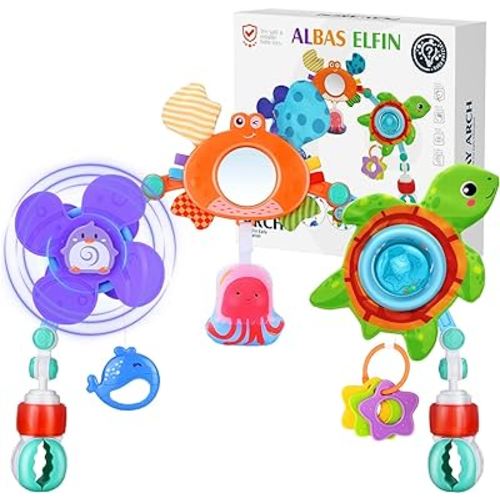ALBAS ELFIN Baby Stroller Arch Toy, Crib Bouncer Bassinet Toys, Montessori Sensory Travel Infant Car Seat Toys Adjustable Mobile Activity Arch with Play Accessories