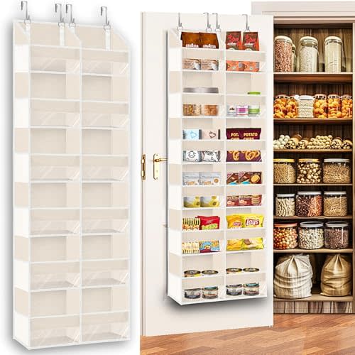Over the Door Organizer 6 Tiers, Extra Large Behind Door Storage of 12 Compartments,80 lbs Weight Capacity Hanging Storage Organizer with Clear Window Kids Toys, Shoes, Diapers,Beige