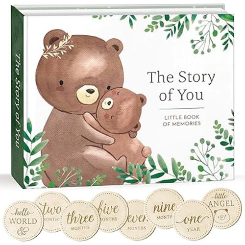 100 Pages Baby Memory Book, Monthly Baby Milestone Discs Included Baby Scrapbook, Baby Photo Albums Hardcover, Baby Keepsake with Spaces for Important Moments, Colorful And Neutral Baby Photo Album
