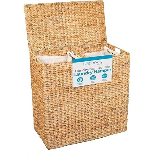 BIRDROCK HOME Handwoven Double Laundry Hamper | Removable Liner Bags | Laundry Basket with Lid - College Dorm Room Essentials, Bathroom, Bedroom, Home Clothes Storage, Organization | Natural