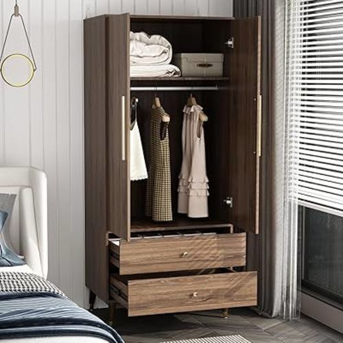 Hitow Wardrobe Armoire Closet with 2 Doors, Wardrobe Cabinet with 2 Drawers & Hanging Rod, Bedroom Armoire Clothes Organizer with Gold Handles, Type B Brown (31.5" W x 19.1" D x 65.1" H)