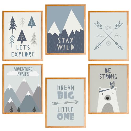 BearCake Inspirational Adventure Awaits Nursery Wall Art Set of 6, Woodland Mountain Nursery Wall Decor Poster Prints for Baby Toddler Boy Room, Adventure Baby Shower Decorations, 8x10 Inches