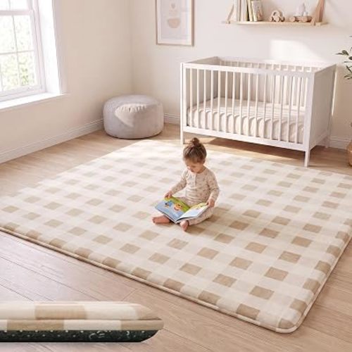 1.3" Thick Baby Floor Play Mat, 71x79 Padded Foam Mat, Checkered Khaki
