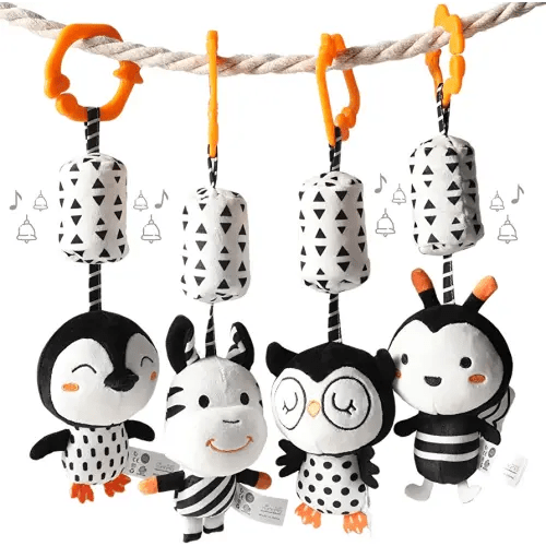 TUMAMA Black and White Baby Toys for 3 6 9 12 Months,Plush Hanging Rattles,Newborn Stroller Toys for Boys and Girls,4 Pack