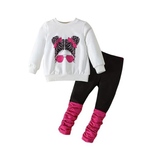 OLMRJKD Kids Toddler Girls Clothes Figure Graphic Drop Shoulder Top Pullover Spotted Print Pants Fall Winter Outfit Set