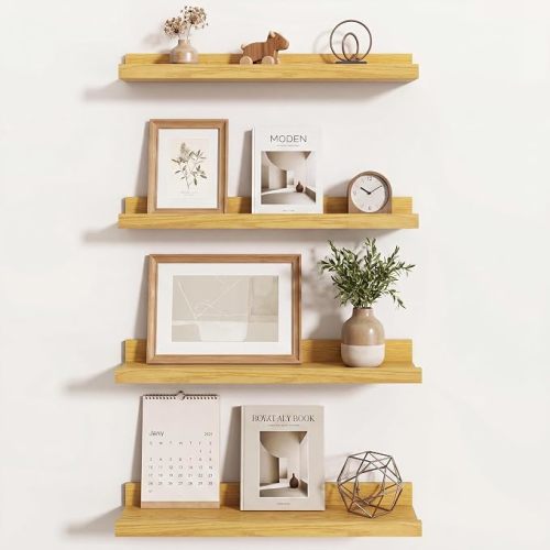 Picture Ledge Shelf | 20 Inch Floating Shelves Set of 4 | Oak Wall Shelves with Lip | Oak Picture Shelf for Wall with Ledge | Wood Photo Ledges for Living Room Bedroom