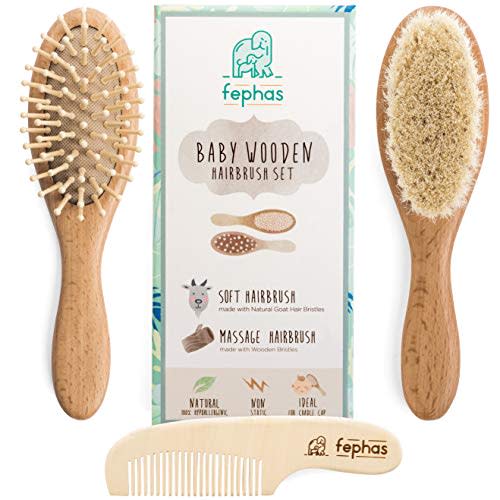 Wooden Baby Hair Brush and Comb Set for Newborns and Toddlers Girl ; Boy ; Natural Soft Goat Bristles Hairbrush Ideal for Cradle Cap ; Wood Bristles Baby Brush ; Perfect Baby Shower and Registry Gift