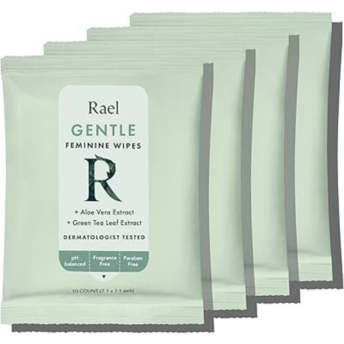 Rael Feminine Wipes, Flushable, Travel Size, All Skin Types, Daily Use (Gentle, 10 Count Pack of 4)