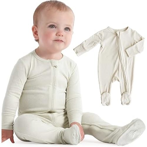 Caden Lane Zippered Baby Footie Pajamas, Soft Onesie Bodysuit with Feet & Double Zipper for Easy Diaper Change, Infant, and Toddler Footed One-Piece Jumpsuit, Oat Beige, 3-6 Months