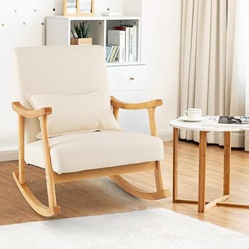 IFANNY Upholstered Rocking Chair, Modern Glider Rocker with Lumbar Pillow & Rubber Wood Legs, Wooden Recliner Rocking Accent Armchair Chair for Living Room, Bedroom, Nursery (1, Beige)