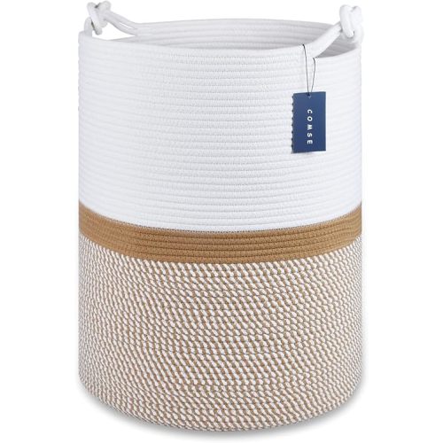 COMSE Extra Large Blanket Basket, Tall Laundry Basket, Laundry Hamper, 15.7”x 21.7”, Storage Basket, Blanket Basket for Living room, Cotton Rope Basket, Woven Basket, Clothes Baskets,Blend White/Camel