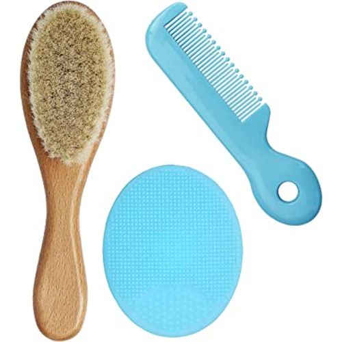 Baby Hair Brush with Wooden Handle&Silicone Baby Cradle Cap Brush Set, for Newborns & Toddlers-Natural Soft Goat Bristles-Ideal for Cradle Cap-Perfect Baby Registry Gift