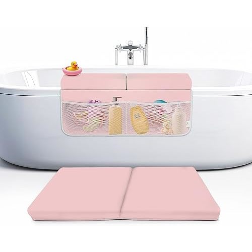 Memory Foam Bath Kneeler and Elbow Rest Pad Set, 2-Inch Thick, Water-Resistant Mat – Baby Bath Time Essentials Cushion and Bath Kneeling Pad for Bathing Baby with Bathtub Toy Organizer (Pink)