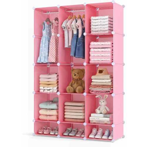 Costzon Modular Baby Wardrobe Closet, 13-Cube DIY Plastic Kids Storage Organizer with Hanging Rods & Open Shelves for Clothes, Portable Stackable Storage Solution for Nursery, Bedroom (Pink)