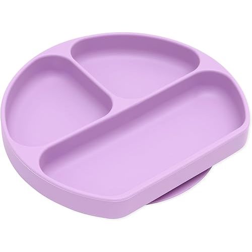 Bumkins Toddler and Baby Suction Plate, Silicone Divided Grip Dish, Babies and Kids, Baby Led Weaning, Children Feeding Supplies, Non Skid Sticky Bottom, Platinum Silicone, Ages 6 Months Up, Lavender