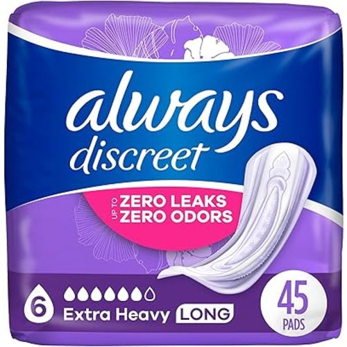 Always Discreet Adult Extra Heavy Long Incontinence Pads, Up to 100% Leak-Free Protection, White 45 Count (Packaging May Vary)