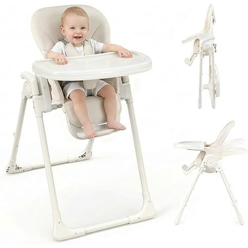 Minikins High Chair, Foldable High Chairs for Babies and Toddlers, Adjustable Height, Backrest and Footrest, Removable Tray, Beige