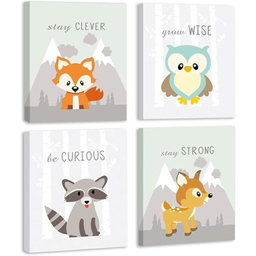 CHDITB Woodland Framed Canvas Print, Woodland Nursery Decor For Boys And Girls, Animal Pictures For Nursery Baby Room Decor, Set Of 4 (8x10inches) Forest Jungle Animal Art Prints For Home Decorations