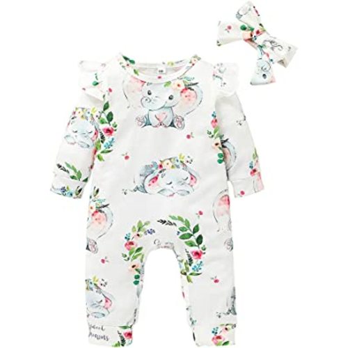 Newborn Baby Girl Romper Outfit,Infant Baby Romper Cute Elephant Printing Cotton Jumpsuit Long Sleeve