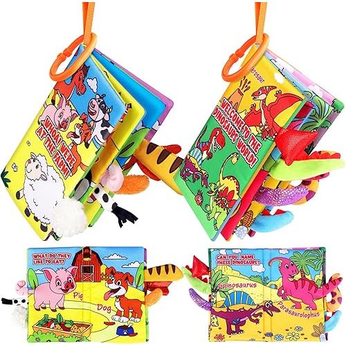 Soft Baby Books for 0-18 Months, 2PCS Crinkle Cloth Books - Dinosaur and Farm Themes, Tummy Time Toys for Infants 0-6-12-18 Months, Sensory Books for Babies, Ideal Christmas