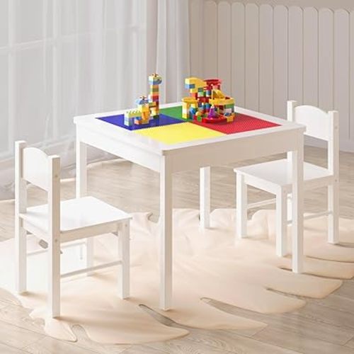 4NM 3 in 1 Kids Table Set for 2, Children Table and Chairs, Toddler Play Activity Table with Hidden Storage Wood Building Block Table Desk for Ages 3-7- Color White