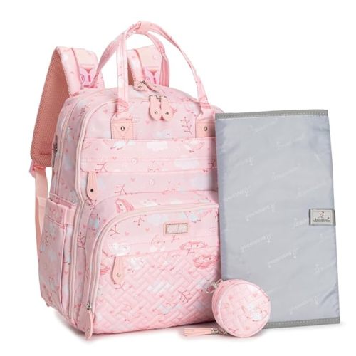 BabbleRoo Diaper Bag with Changing Pad, Stroller Straps & Paci Case - Pink Birdy