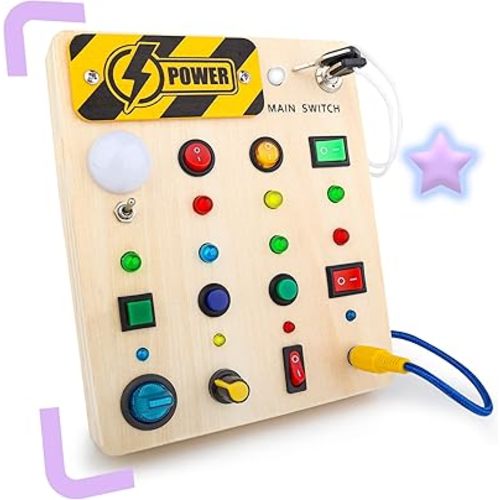 Montessori Busy Board Switch - Montessori Toy Busy Board for 1 Year Old with 13 Led Light, Wooden Travel Sensory Busy Board for Ages 2-4 3-5