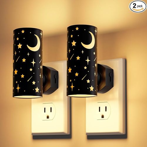 LED Night Lights Plug into Wall, 2-Pack 3000K Bright Plug in Nightlight, Dusk-to-Dawn Sensor, Dimmable 0-100LM, Auto-On/Off, Home Decor for Kids Room, Bathroom, Hallway, Bedroom, Black Stars
